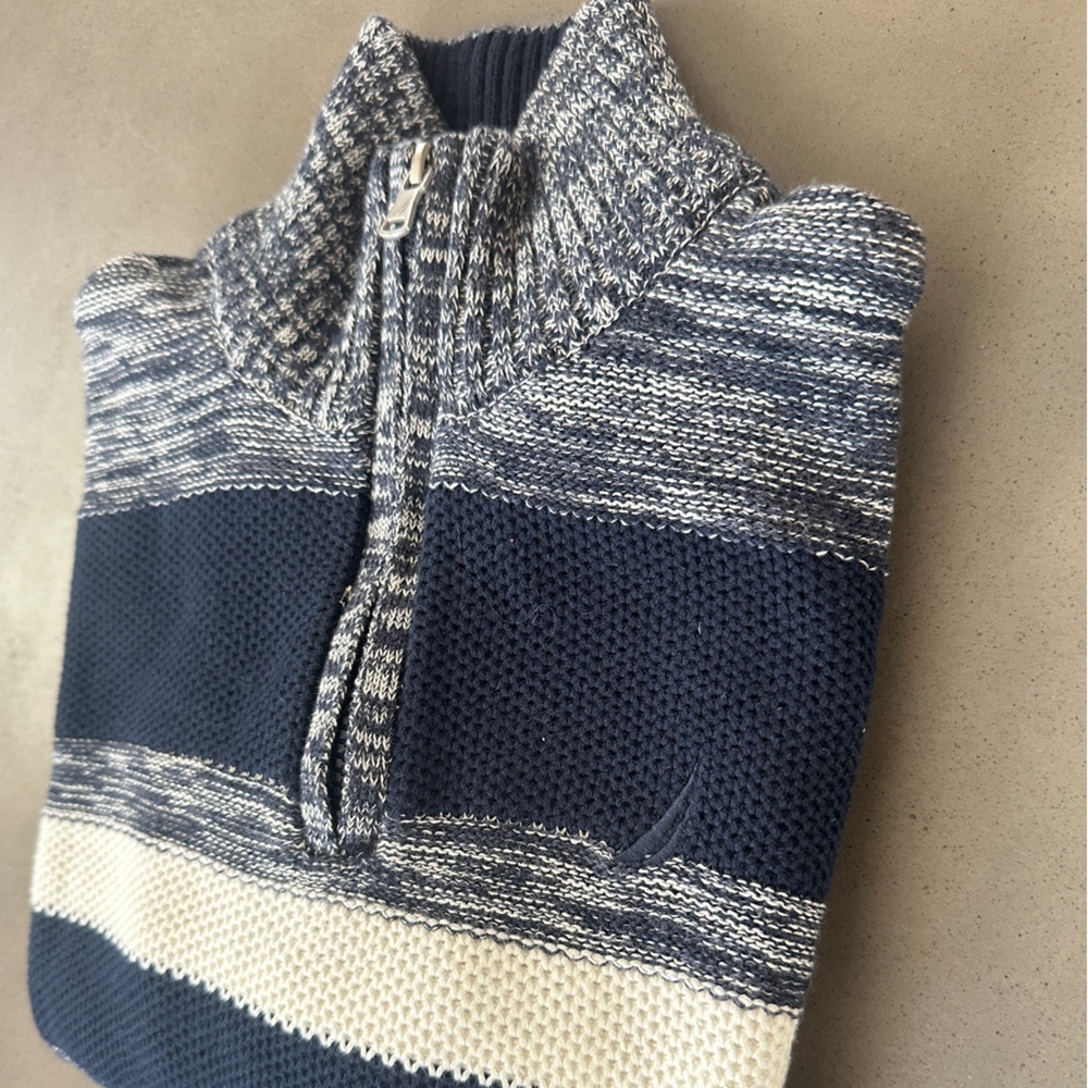 Nautica Blue and Cream Zip-Up quarter neck Sweater, size M 10-12